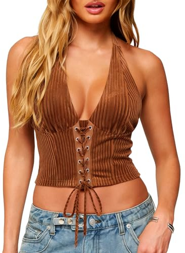 TZLDN Women Corduroy Halter Crop Top Lace Up Backless Y2K Going Out Corset | Stretchy Cotton Blend With Built In Bust Support Adjustable Front Lacing and Neck Tie for Western Festival Cowgirl Outfits