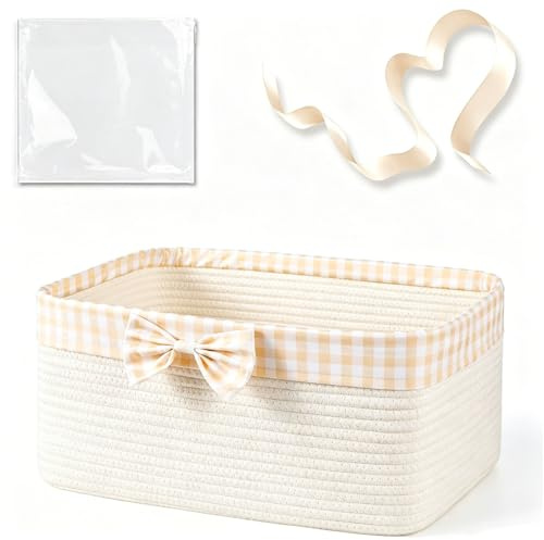 Sukizifa Hamper Basket Empty, Woven Gift Basket with Clear Bag and Ribbon, 34 x 25 x 15 cm, Cotton Gift Basket for Baby Shower, Birthday, Wedding
