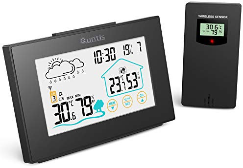 Quntis Station Météo,5”LED Capteur Large Thermomètre Hygromètre Numériques,Alarme Horloge, sans Fil Intérieur Extérieur avec Fonction Snooze Affichage Heure Date Jour-Noir