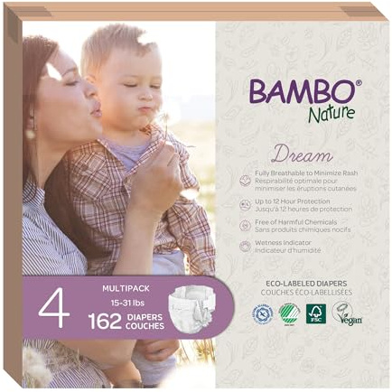 Bambo Nature Pañales de bebé ecológicos de alta calidad, tamaño 4, (15 – 35 libras), 162 unidades, (6 paquetes de 27)