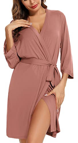 Samring - Accappatoio da donna, leggero, morbido kimono corto, utilizzabile come vestaglia o pigiama, Rosa di loto., Small