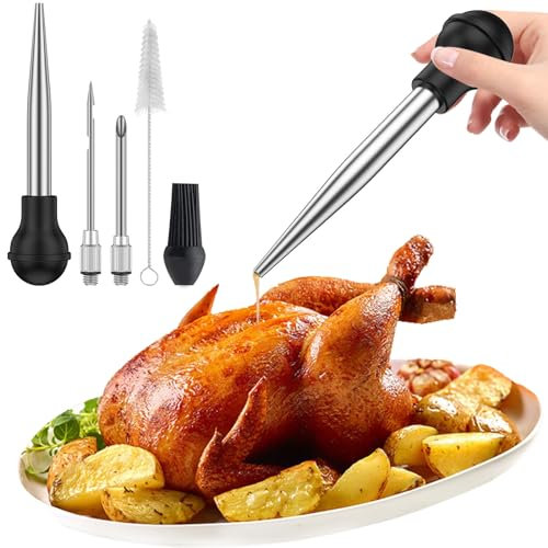 Eummy Turkey Baster Syringe for Cooking Stainless Steel Turkey Injector with Meat Marinade Injector Needle Cleaning Brush Heat-Resistant Baster Syringe for Cooking Roast Turkey, Beef, Pork, BBQ