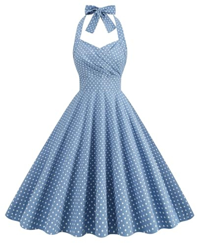 Robe de Performance Taille Haute à Pois de Couleur contrastée rétro avec Photo à Lacets Robe de Demoiselle d'honneur Robe de Pique-Nique - Bleu Clair avec Petits Points Blancs - S