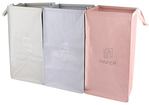 ASelected 3 Packs Recycling Bags, Pink,Green,Gray With Handle, Velcro Separate Sorting Organizer Woven Waste Bins Bag Waterproof for Kitchen Home Office Heavy Duty Reusable Storage,Easy Clean