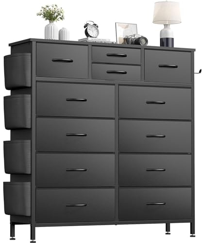 Buluri Chest of Drawers Bedroom, 12 Fabric Drawers Dresser with Side Pockets and Hooks, Wooden Top and Metal Frame, Tall Drawers for Closet, Living room, Kids Room (Black PU)