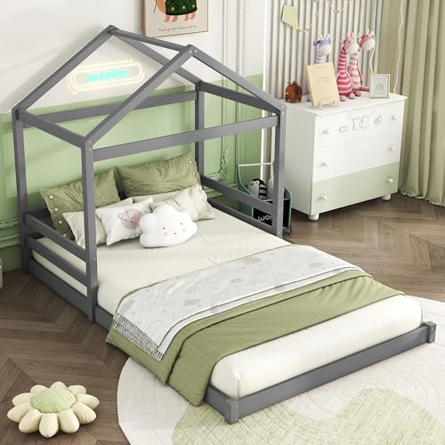 Gegtuon Kinderbett Doppelbett Bett 140x200 cm für Kinder, Hausbett Holzbett mit Dach für Jungen Mädchen, Bodenbett Jugendbett Bettgestell mit Lattenrost, Bett für Kinderzimmer, ohne Matratze (Grau)