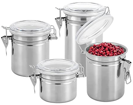 RUETERY 4 Aufbewahrungsbox mit Deckel, Edelstahl Behälter, Rund Luftdichte Vorratsdosen, 550ml/750ml/850ml/1000ml Vorratsdosen Set, Metalldosen, Kaffee Dose, für Tee, Kaffee, Zucke