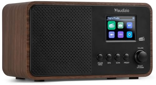 Audizio Avio Radio Dab+ Bluetooth 5.0 - Noyer, 20 Stations Enregistrables, Écran Couleur 2,4, Haut-Parleur Intégré, Port USB, Idéale pour Écouter la Radio à la Maison