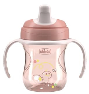 Chicco Training Cup, Non-Drip Plastic Learning Cup for a Child, Learning to Drink, Ergonomic Semi-Soft Spout, Removable Valve and Handles, 6+ Months, BPA Free, Pink