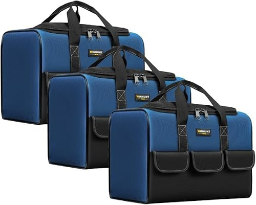 WINHUNT Paquete de 3 bolsas de herramientas de 12 pulgadas, bolsa de almacenamiento de herramientas de boca ancha con 5 bolsillos, 3 bolsas de herramientas pequeñas para electricistas, trabajadores de