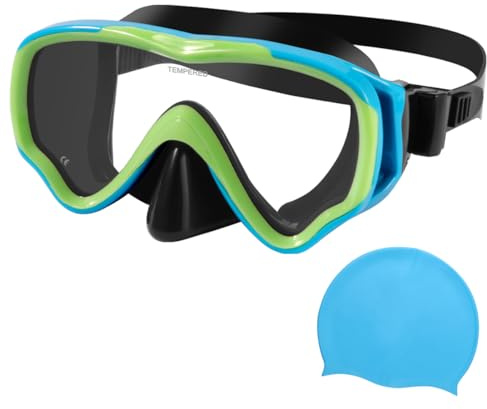 Berallo Maschera subacquea per bambini, anti-appannamento e anti-perdite, occhiali da snorkeling in vetro temperato, impermeabile, resistente, per bambini dai 4 ai 14 anni (verde acqua)