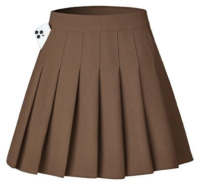 Shestellar Jupe plissée courte extensible pour femme, uniforme de pom-pom girl, taille haute, mini jupe trapèze, Marron avec poches, Taille M