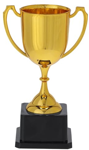 noTrash2003 barns födelsedagskalas pokal av plast för fest, konkurrens, vinnartrofé på 18/19 cm höjd guldpokal med svart fot, 2 versioner (19 cm höjd)