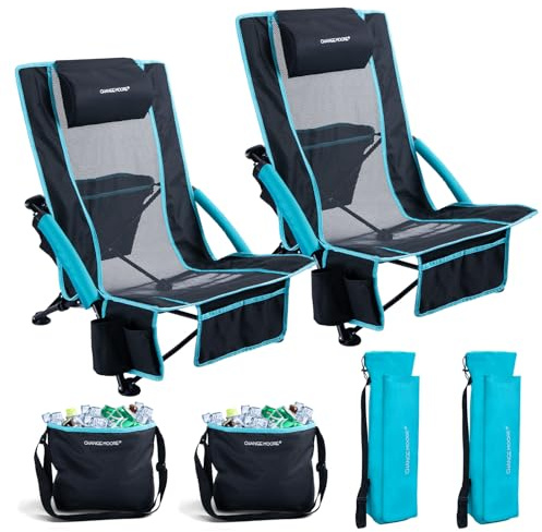 CHANGE MOORE Low Beach Chair with 2-in-1 Cooler Bag, Support up to 300lbs Folding Beach Chairs for Adults 2 Pack with Cup Holder, Removable Pillow & Carry Bag for Outdoor Sand Lawn Picnic Travel Blue