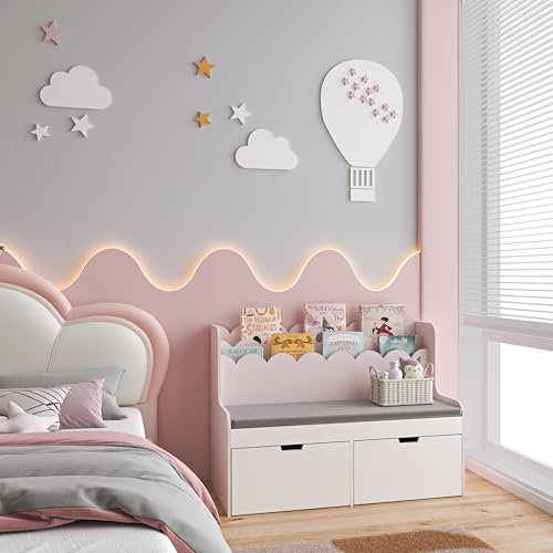 [en.casa] Scaffale a Panca Integrata per Cameretta Seduta per Bambini con Ripiani Porta Giochi Mobile Organizzatore Montessori con Cuscino e 2 Cassetti 100x45x70 cm - Rosa/Bianco