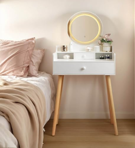 Sminkbord med spegel och LED-belysning, litet sminkbord i vitt med förvaringslåda och hyllor, 3 belysningsfärger, justerbar ljusstyrka, sminkbord med spegel för sovrummet.