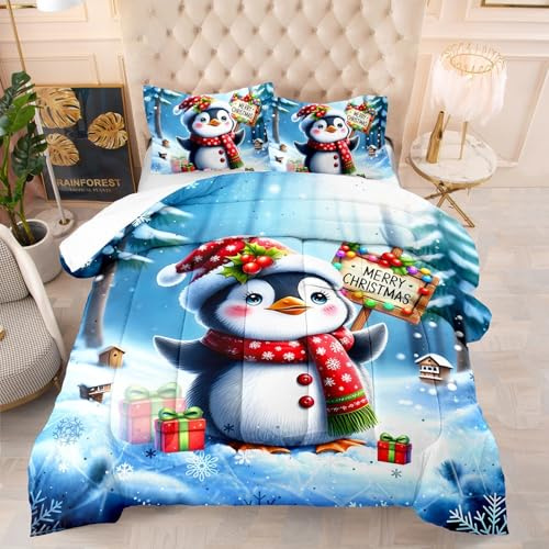 Relleno Nordico Cama 180 Lindo Pingüino Azul Relleno Nordico 4 Estaciones Cómodo Transpirable Duvet con Fundas de Almohada Edredon Cama 180 Suave Lavable Edredón Nórdico 228x228 cm
