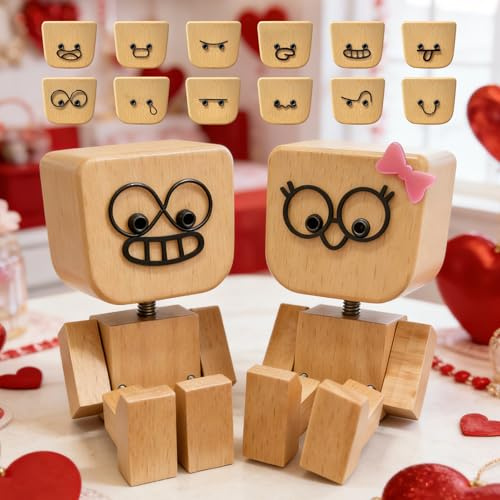 Valentines Day Gifts for Her Him-2Pack Shaking Wooden Man,Gifts for Boyfriend Girlfriend,Wooden Shaking Man with 12PCS Expressions,Handmade Shak Feet Woodens Doll for Valentines Day Decorations
