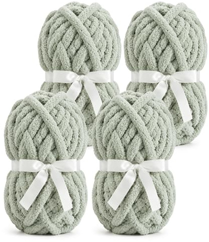 Chunky Chenille Yarn, Super Soft Fluffy Jumbo, 226g Skein, 24m Length, 2cm Diameter, for Hand Knitting and Crocheting, Blankets, Home Decor (4, Sage Green)