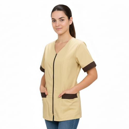 Peter's abiti da lavoro Camice da Lavoro Donna con Zip, Casacca per Estetista, Parrucchiera, Maestra Infanzia (Beige, M)