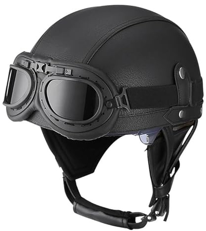KKVGP Motorcykelläderhalvhjälm for vuxna män Kvinnor Motocrosshjälm Halvhjälm i tysk stil med skyddsglasögon, ECEDOT-godkänd, for motorcykelskoterchopper(7,M=57~58cm)
