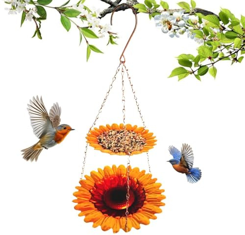 Exterior de Pájaros Bandeja de Alimentación Metálica Retro de Doble Capa | Colgante con Diseño de Girasol para los Pinzones para Colibrí, Jardín, Balcón, Patio, Árbol, Porche y Parque
