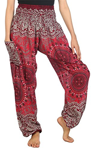 Lofbaz Boho Pantalons Femmes Taille Smockée Rose 2 Harem Pants Bourgogne Size S