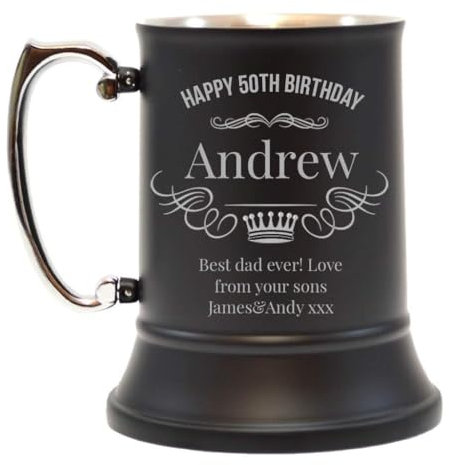 Personalised Crown Engraved Stainless Steel Tankard Stein | Black Beer Mug | Personalised Gift for Birthdays Weddings Ushers Godfathers | Customise with Any Message Name or Occasion, 500 ml