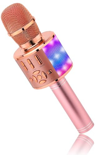 BONAOK Microphone Bluetooth sans Fil, Micro Enfants avec Lumières LED, Mini Machine Karaoké pour Fête/Maison/Anniversaire, Compatible avec Bluetooth iOS Android (Or Rose)