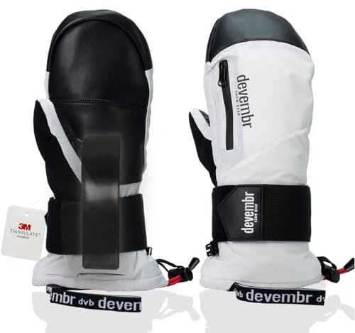 devembr Ski-Fäustlinge mit Handgelenkschützern, Warme Snowboard-Fäustlinge, Wasserdicht, Weiß, S
