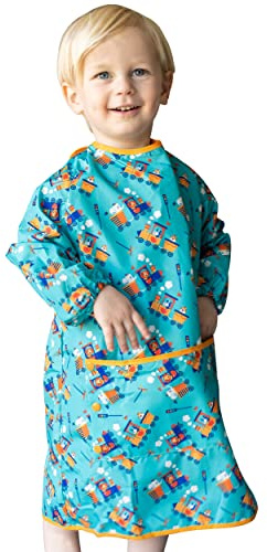 Tidy Tot, Long Length Waterproof Coverall Bib – Weaning, Painting, Messy Play, Long Sleeve, Side Opening Pocket. BLW Baby Led Weaning friendly. Bib and Travel Bag Included- Trains Design, One Size