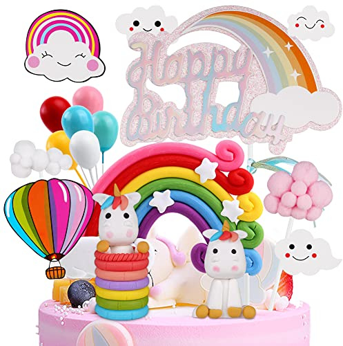 OSDUE Cake Toppers, Decoración para Tartas Angel Pony Colorful Globo de Cumpleaños de Unicornio Decoración para Tartas de Bricolaje Adornos para Pasteles de Fiesta (17 PCS Unicornio)