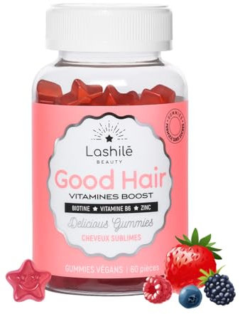 Lashilé Beauty - Good Hair Vitamins - Pousse Croissance & Fortification des cheveux - Compléments Alimentaires - Made in France - Biotine, Zinc, Vitamine B8, C, B6 - Cure 1 mois - 60 Gummies