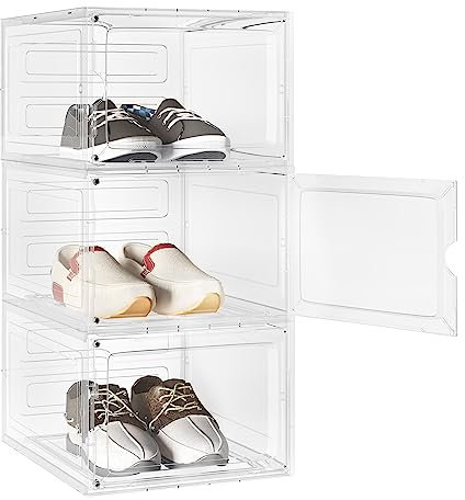 WOLTU Schuhboxen, 3er Set stapelbare Schuhbox, Schuhkarton Schuhkasten, mit magnetischer Tür, transparente Box für Schuhe bis Größe 46 Sportschuhe High Heel Spielzeug, aus Kunststoff