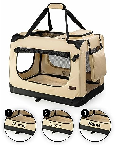 lionto Caisse de Transport Pliable pour Chien & Chat, 70x52x50 cm, Tissu Oxford Robuste + poignées & Couverture, pour Animaux Jusqu’à 15 kg, Caisse pour Petits & Grands, Beige (avec nom imprimé)