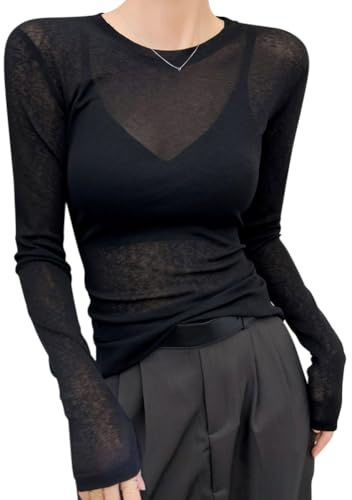 Minetom Donna Maglie Collo Alto Manica Lunga Maglietta in Rete Trasparente Tops Slim Fit T Shirt in Tulle Girocollo Intimo Tops Clubwear B Nero XXL