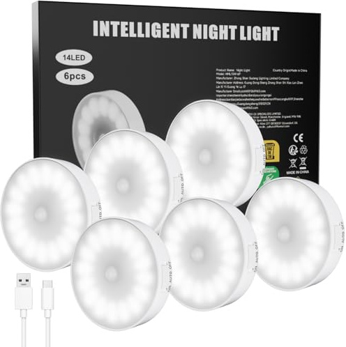 Electight 14 LEDs Motion Sensor Lights Indoor, 6 Pack Cordless Night Light Stick on Wall with Magnetic Base, USB Rechargeable, Stair Lights, for Wardrobe,Cabinet,Stairs,Closet,Hallway