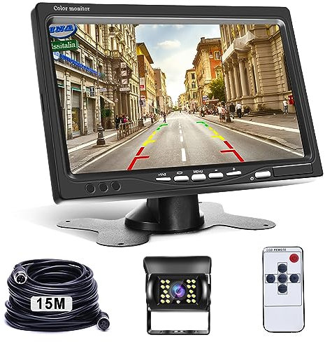 Hodozzy Reversing Camera and 7 inch LCD Monitor Rear View Camera Kit, IR Night Vision Waterproof Reverse Rear Camera System 12V-24V with 4 Pin 15 Meters Cable for Car Vans Truck Trailer Bus Caravan