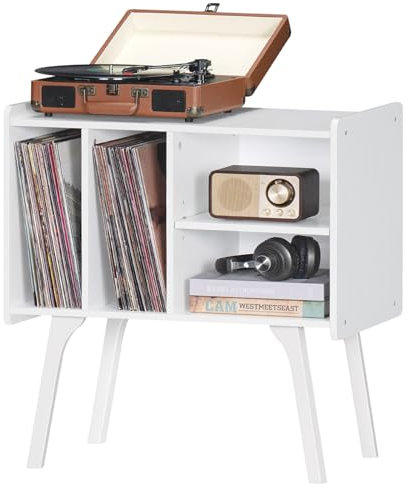 LELELINKY Record Player Stand, White Vinyl Record Storage Table, 4 Cabinet