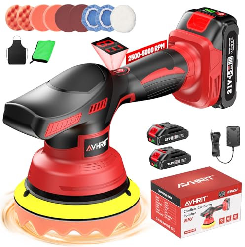 Avhrit Poliermaschine Auto Akku, 8 Geschwindigkeit Autopolierer Set mit 2*2000mAh 21V Batterie, 6‘’ Autopolierer, 17 Zubehörteilen für Auto Detaillierung Akku Poliermaschine Wachsen Kratzerentfernung