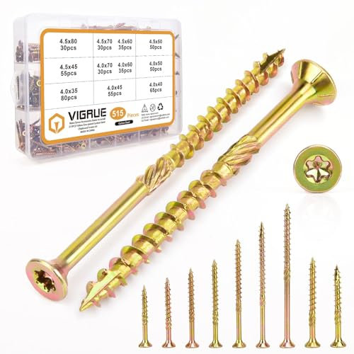 VIGRUE Holzschrauben, 515 Stück Spanplattenschrauben Gelb Verzinkt Torx Schrauben Set Screws für Dachkonstruktionen - Senkkopfschrauben - Terrassenschrauben - Universalschrauben