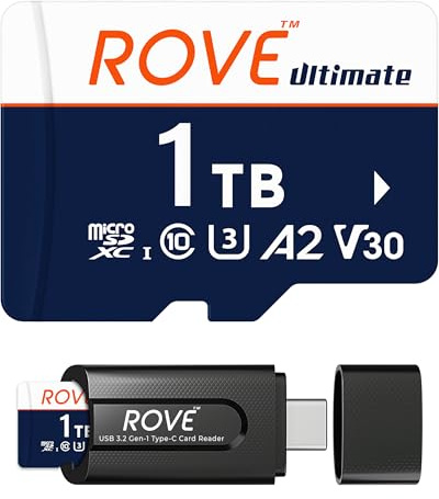 ROVE Ultimate Micro SD-kort microSDXC-minneskort med USB 3.2 typ C-kortläsare 170 MB/s C10, U3, V30, 4K, A2 för Dash Cam, Android-smarttelefoner, surfplattor, spel (1 TB)