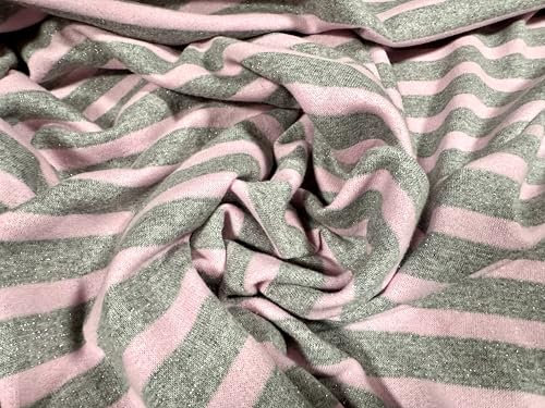 Tessuto in jersey di spugna francese metallizzata, al metro, a righe, rosa e grigio con lurex argento