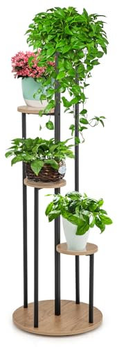 TANGZON 5-Tier Corner Plant Stand, Tall Plant Pot Display Stand Holder with Anti-Slip Pads, Indoor Outdoor Metal Flower Rack Ladder Shelf for Home Office Garden Balcony Decor (Natural + Black)