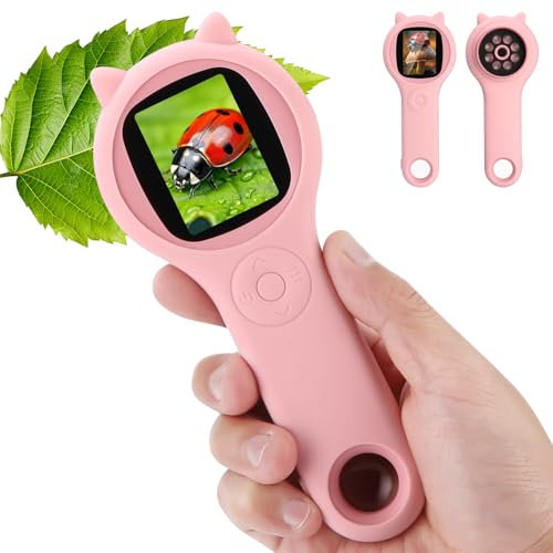 Handheld Microscope for Children, Mikroskop für Kinder, 500X Portable Pocket Microscope for Children, 3 Levels Adjustable LED Lights, Mini-Mikroskop für Kinder ab 3 Jahren-Rosa