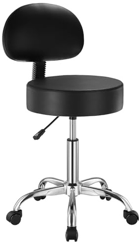 VEVOR Tabouret à roulettes avec Support Dorsal, capacité Poids 204 kg, Rond Tabouret Roulant, Hauteur réglable, Chaise pivotante en Cuir PU épais, pour Salon, Spa, Massage, Tatouage, Clinique, Noir