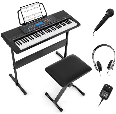 COSTWAY Tangentbordspiano för nybörjare med 61 tangenter, digitalt piano med 300 toner, 300 rytmer, 50 demos, 3 inlärningslägen, inklusive stativ, pall, mikrofon, hörlurar, E-piano digitalt piano