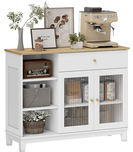 HOMCOM Buffet Salon Meuble de Rangement avec Placard à Portes en Verre trempé nervuré, tiroir, 3 Compartiments Ouverts et étagères réglables, Buffet Salle à Manger et Salon, 100 x 35 x 80,3 cm, Blanc