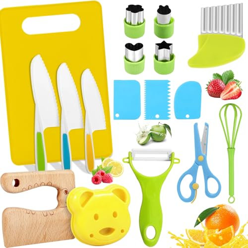 17 Pcs Cuchillos Cocina Niños con Tabla & Pelador Tijeras, Kit Cuchillo Aprendizaje Seguridad Cocinar Niño, Utensilios Cortar Plástico Pequeño Infantiles para Niños 2-10 Año Cocinando Frutas, Verduras