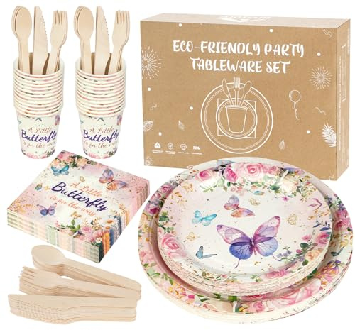 Anstore 200 Pcs Plates and Cutlery Set, Butterfly & Flower 25 Guests Sustainable Party Tableware, Reusable Tableware Including Napkins, Knives, Spoons,Paper Cups & Convenient Plates for Birthday Party